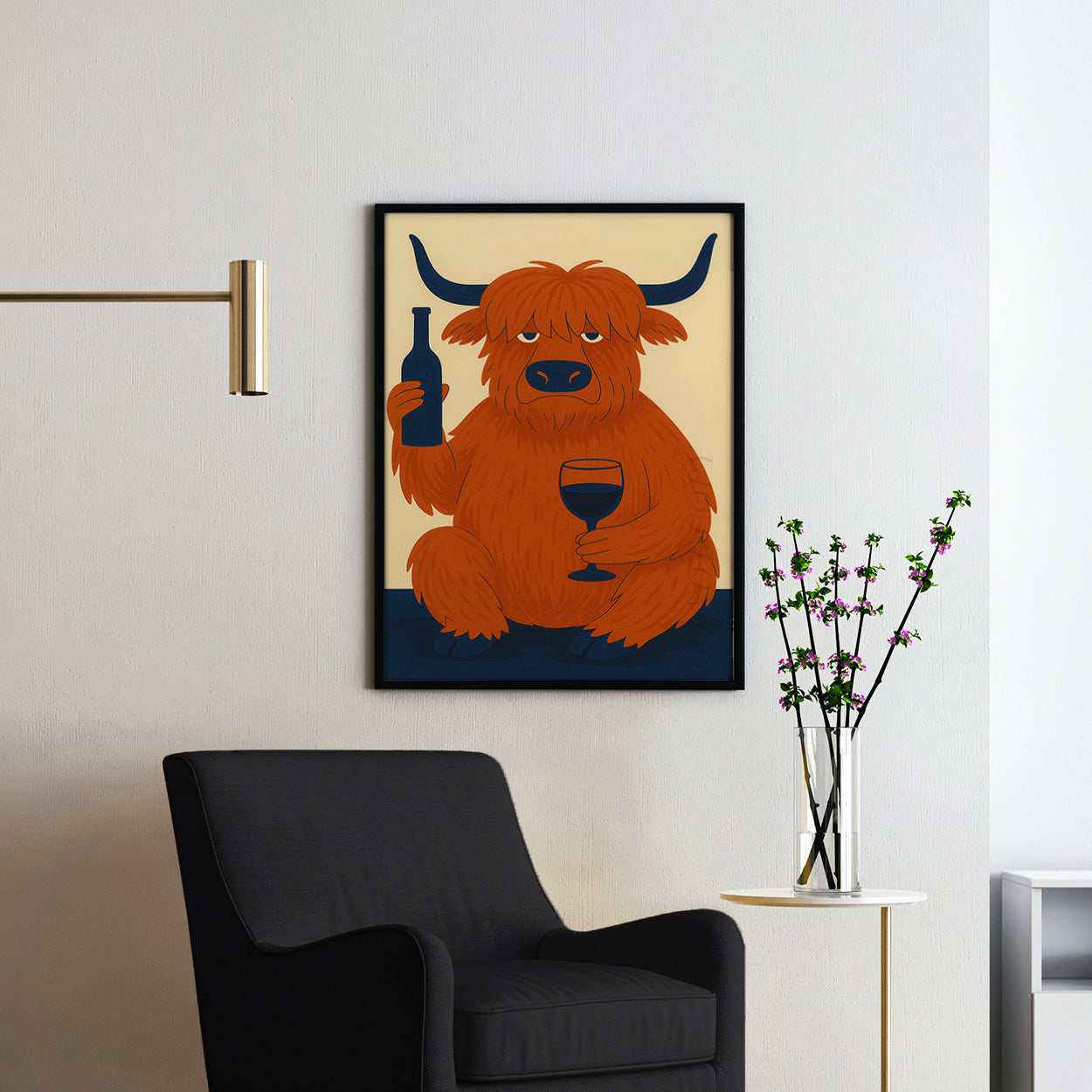 Highland Cow Drinking Wine Mid Century Modern