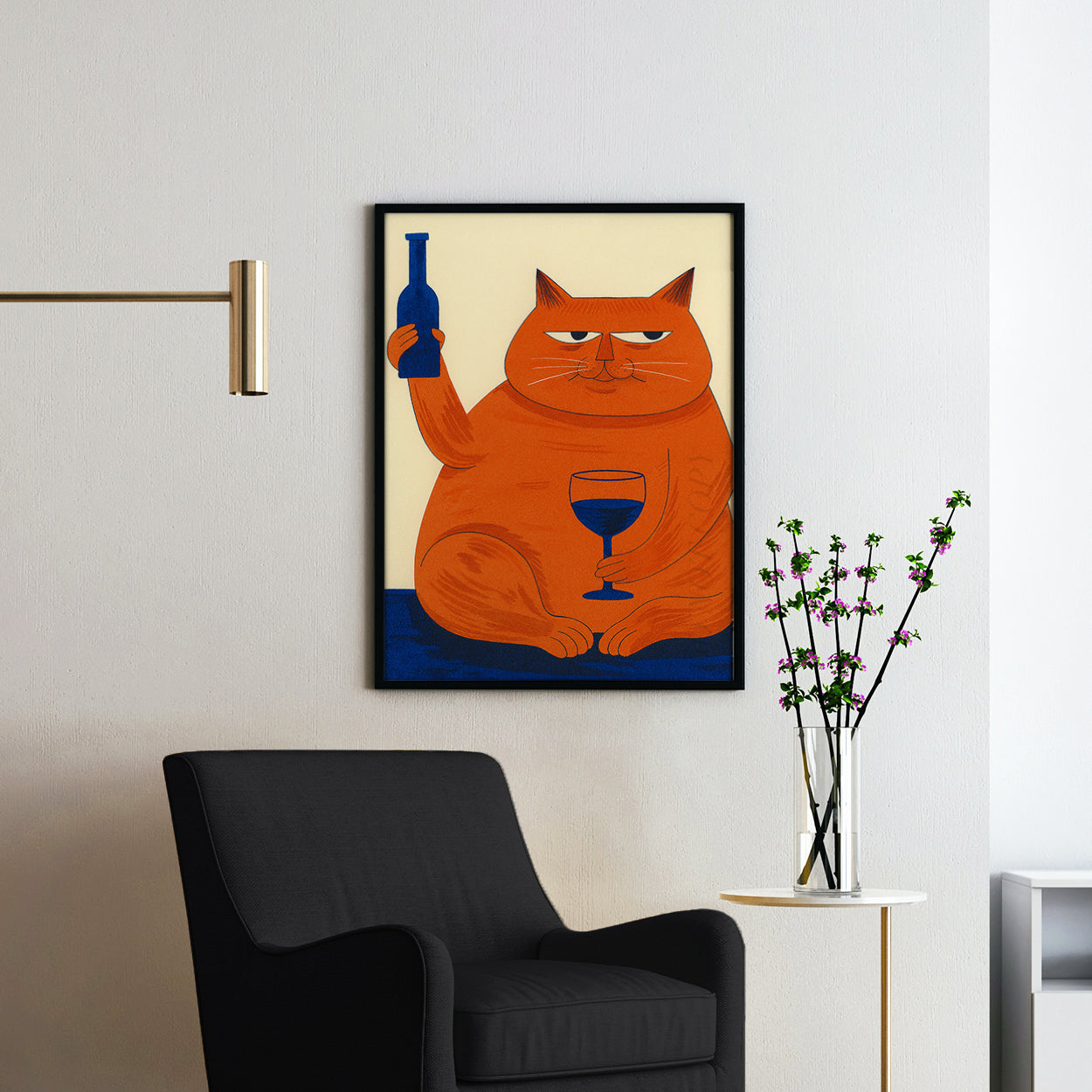 Cat Drinking Wine Mid Century Modern