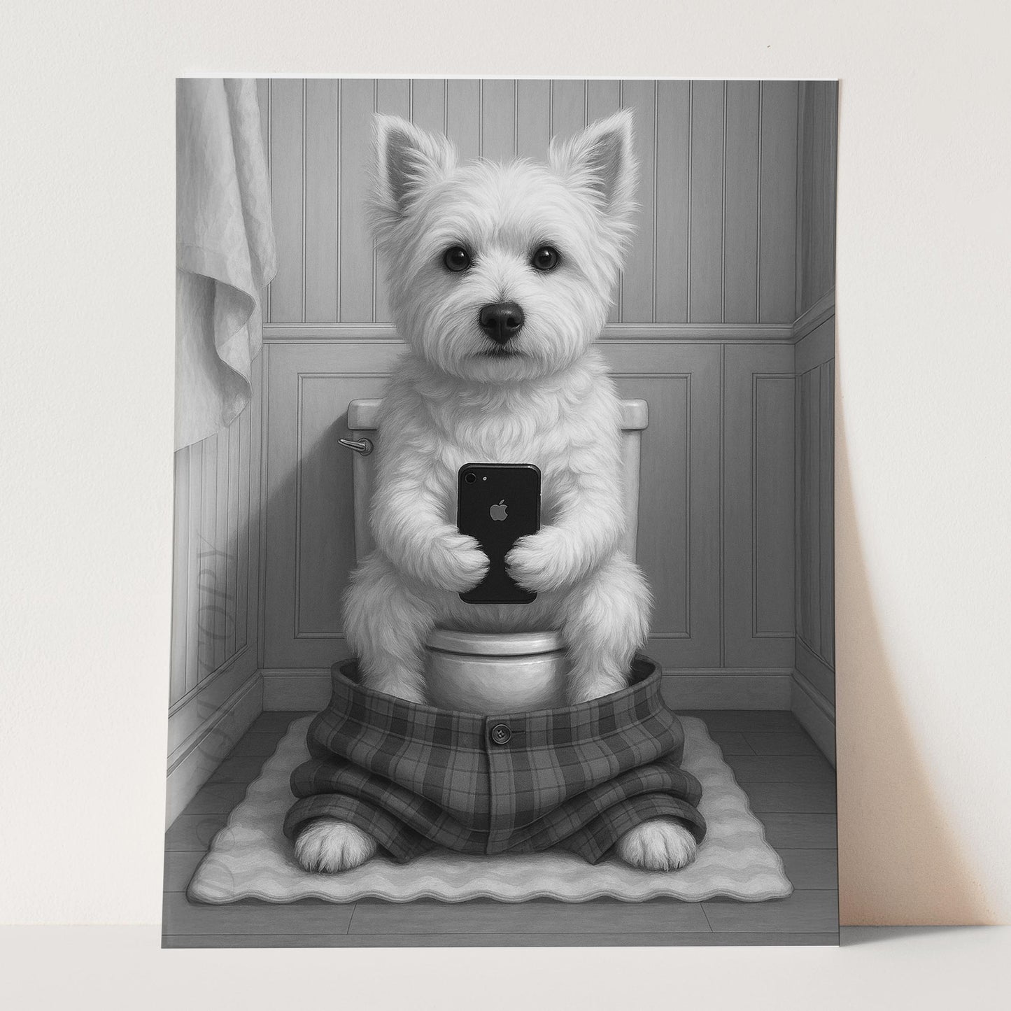 West Highland White Terrier Dog On The Phone On The Toilet