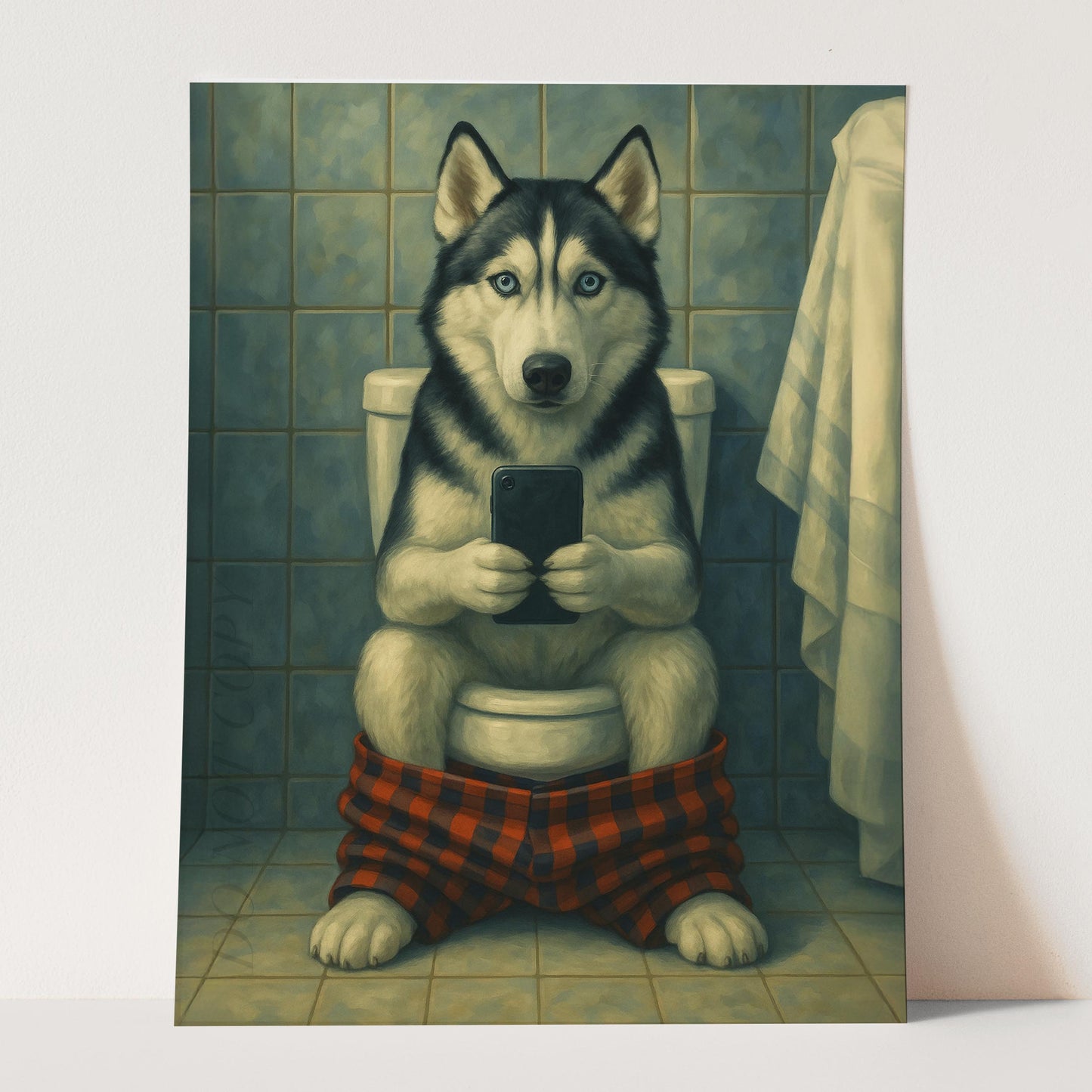 Husky Dog On The Phone On The Toilet