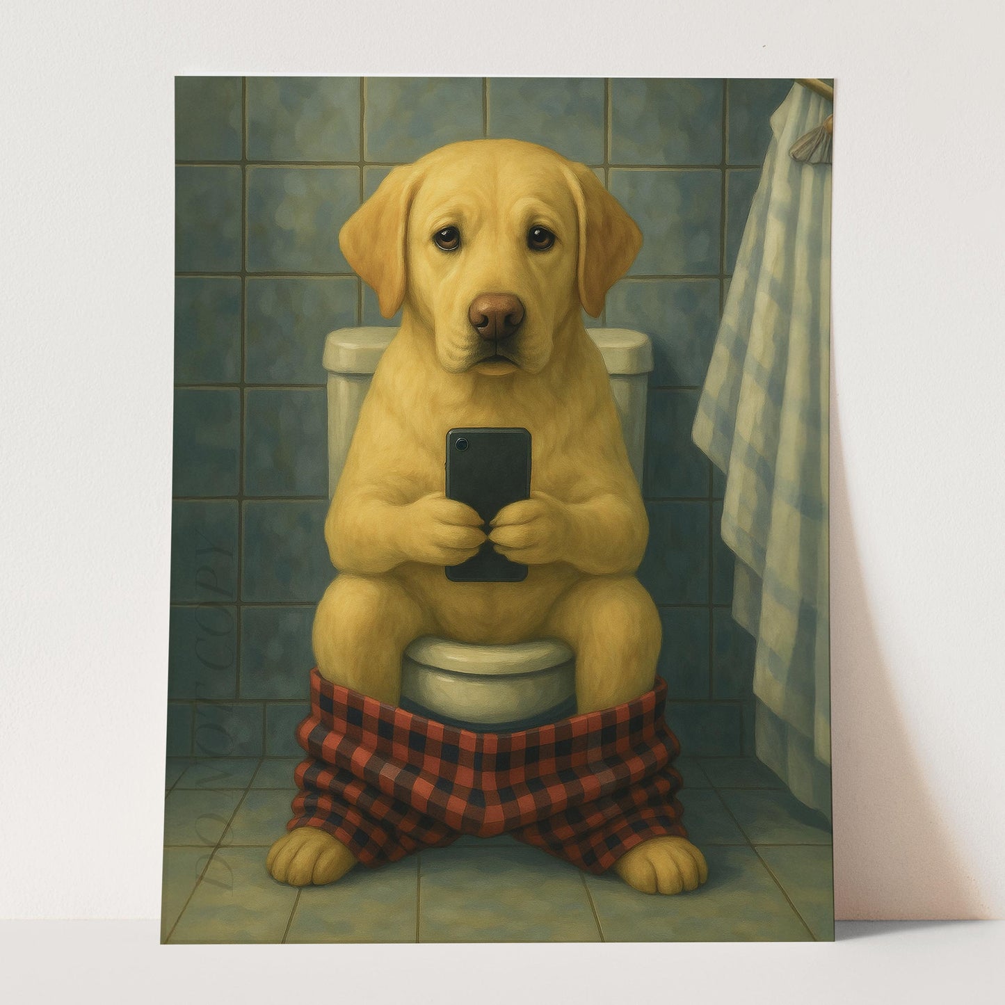 Yellow Labrador Retriever Dog On The Phone On The Toilet