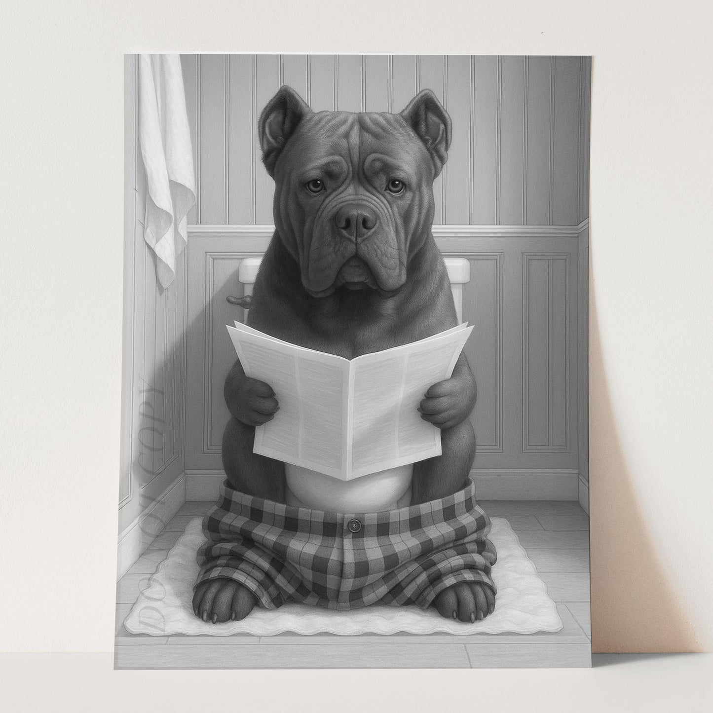 Cane Corso Dog Reading The Newspaper On The Toilet