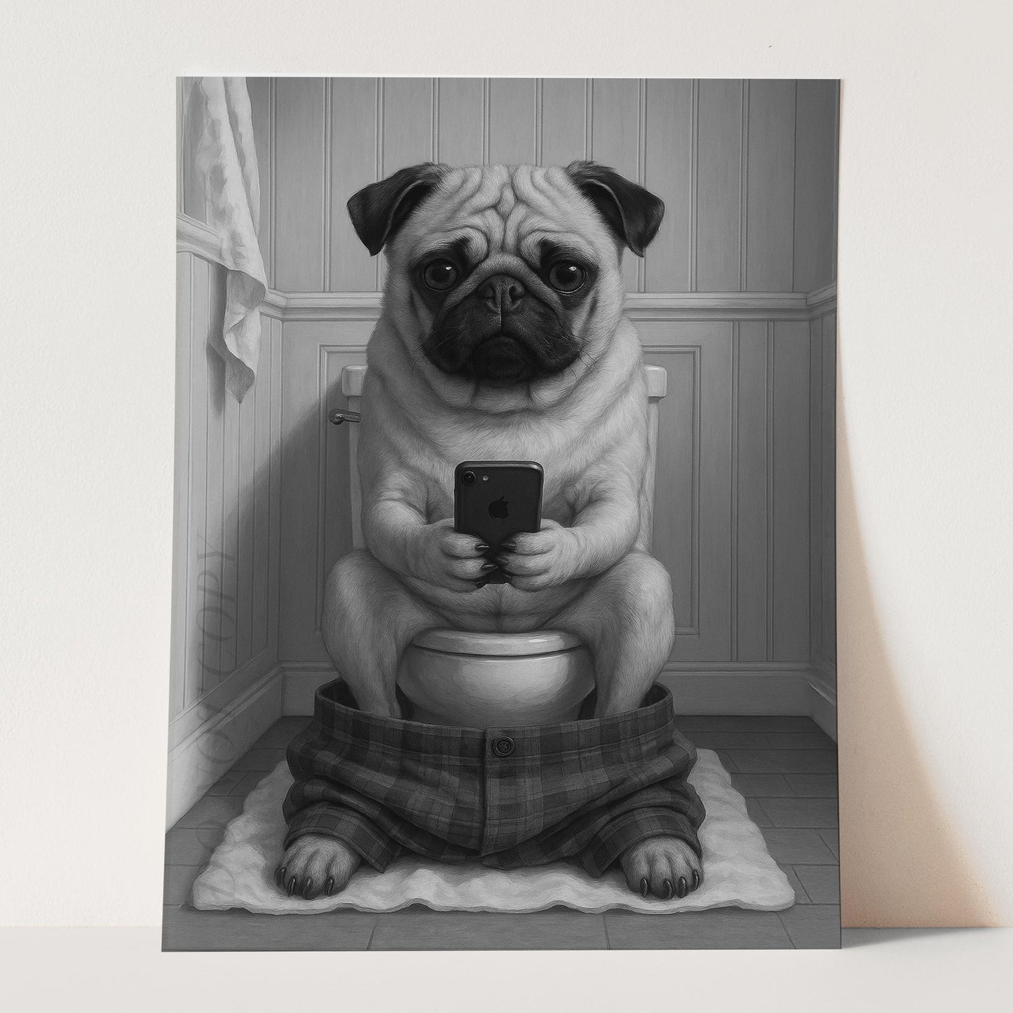 Pug Dog On The Phone On The Toilet