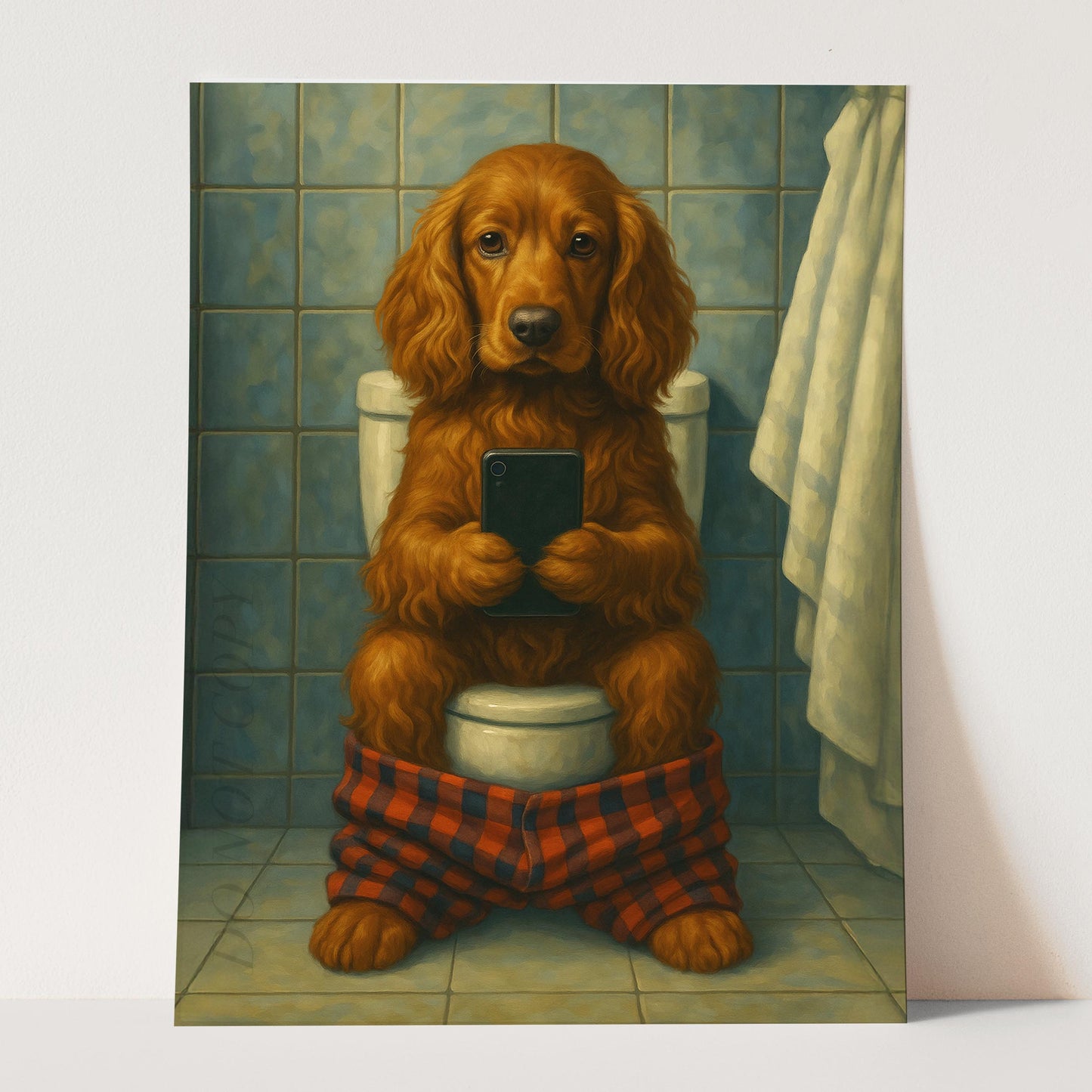 Cocker Spaniel Dog On The Phone On The Toilet