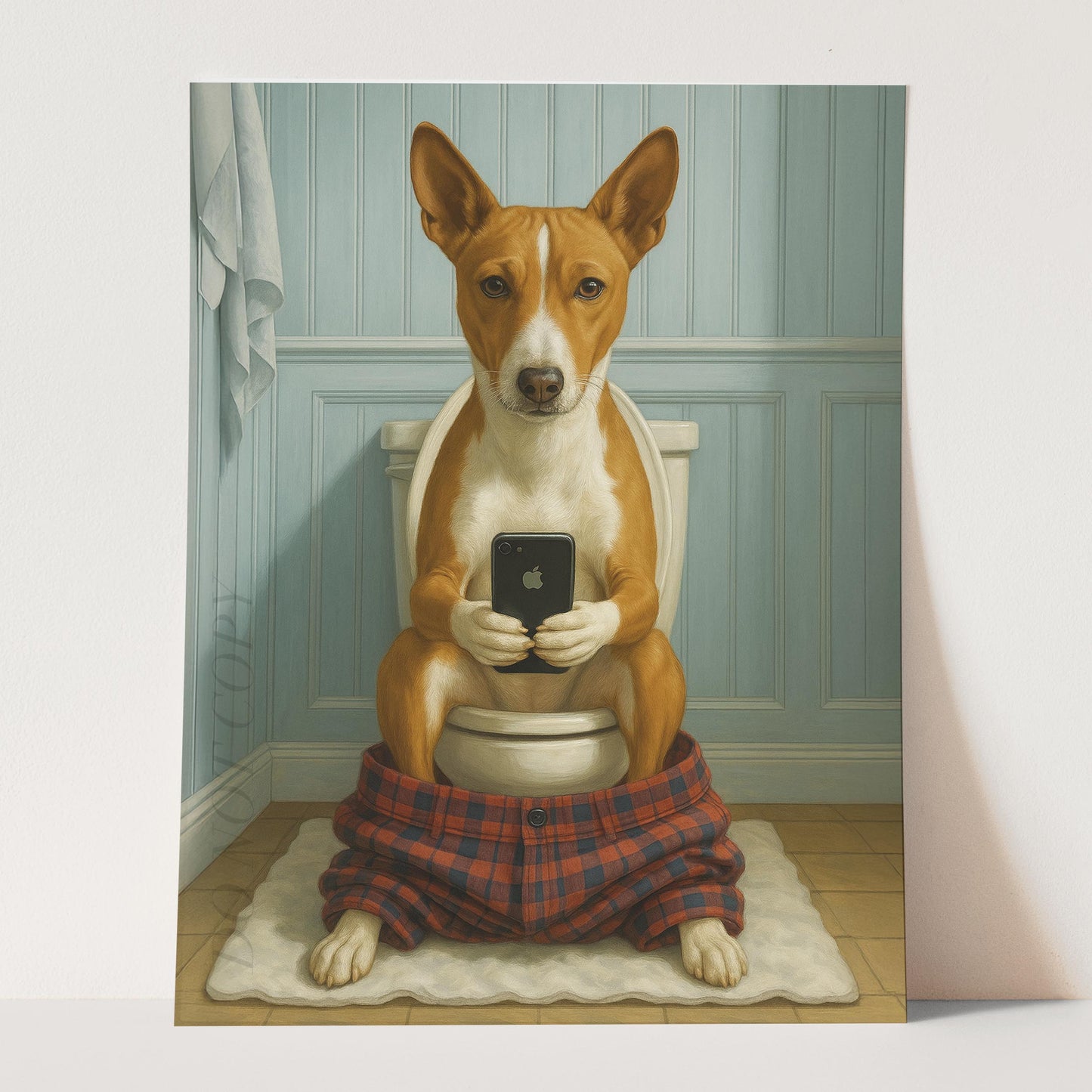 Basenji Dog On The Phone On The Toilet