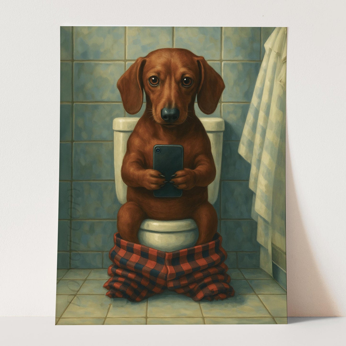 Dachshund Dog On The Phone On The Toilet