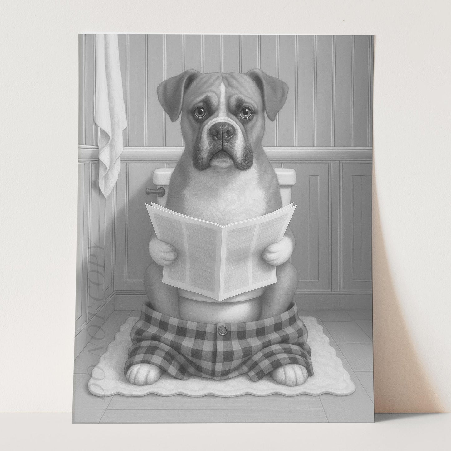 Boxer Dog Reading The Newspaper On The Toilet