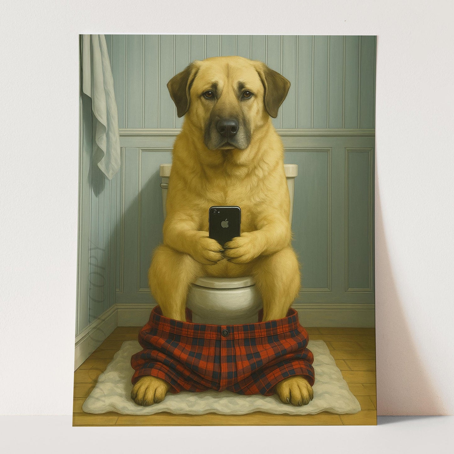 Anatolian Shepherd Dog On The Phone On The Toilet