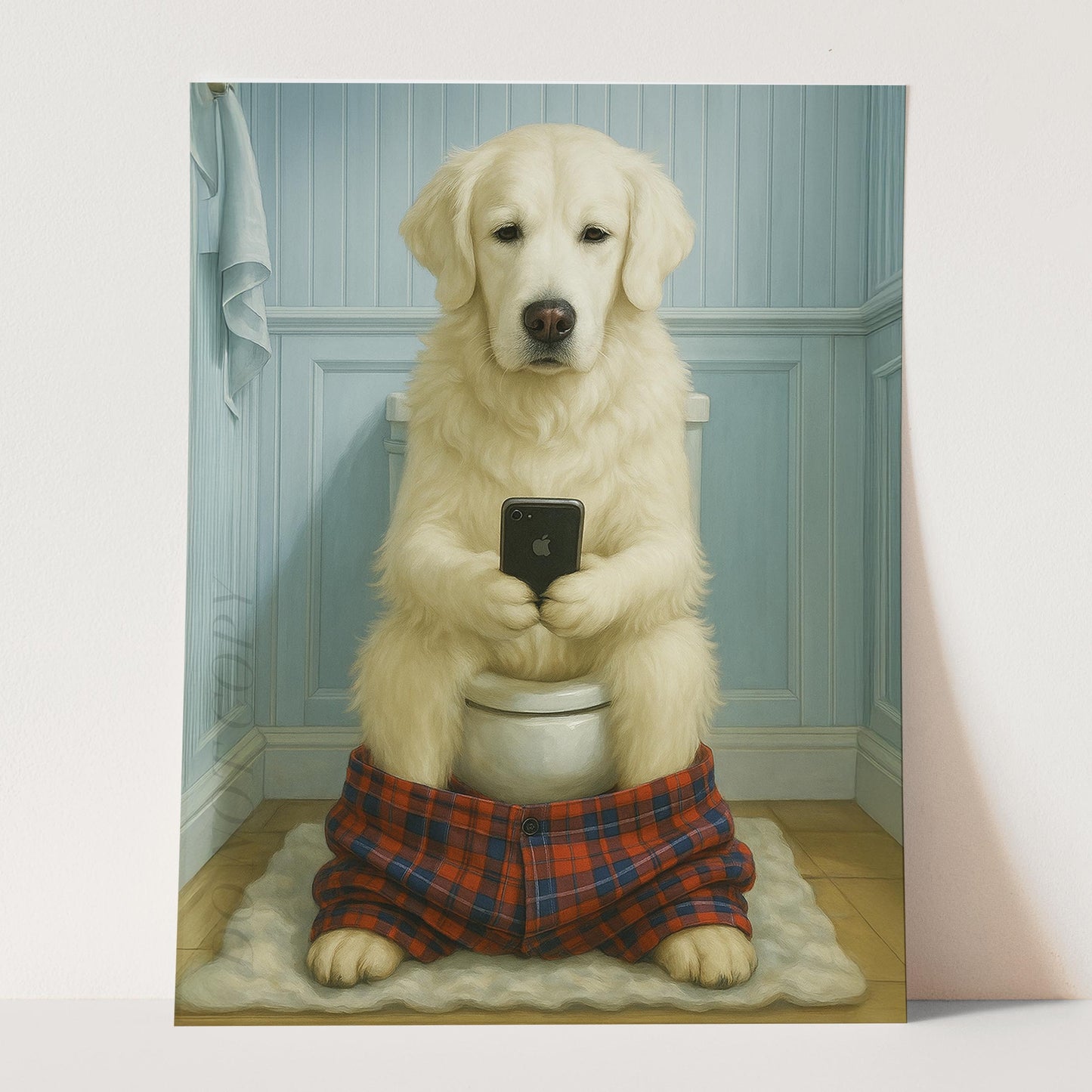 English Cream Golden Retriever On The Phone On The Toilet