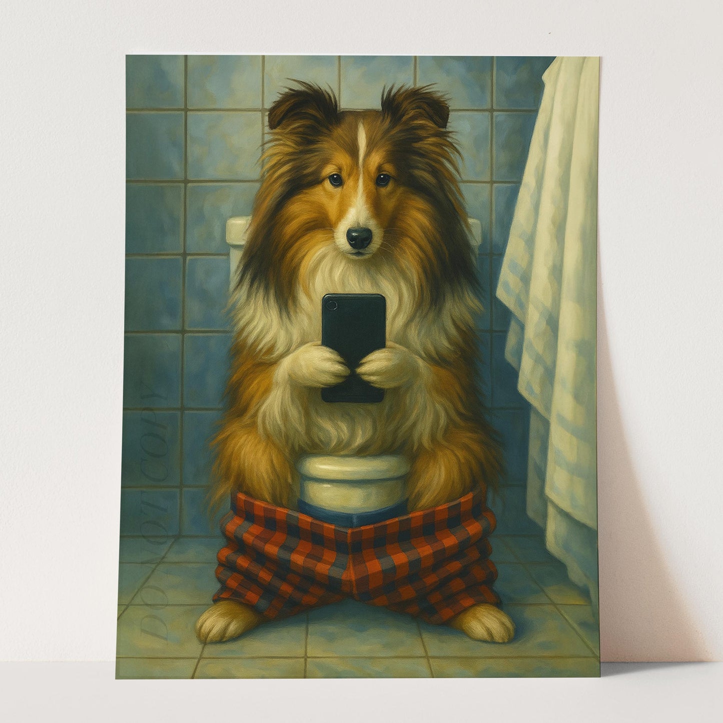 Sheltie Dog On The Phone On The Toilet