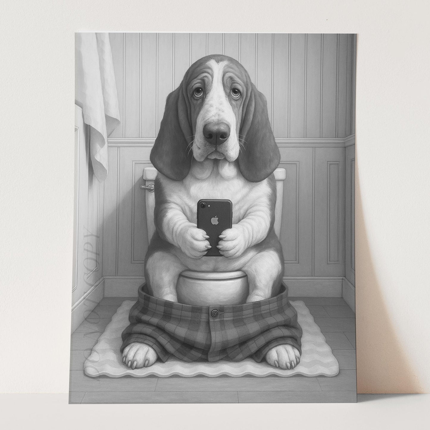 Basset Hound Dog On The Phone On The Toilet