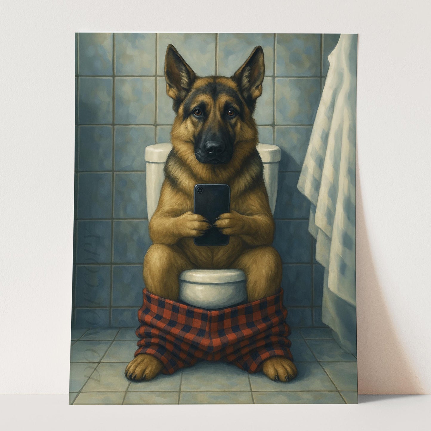 German Shepherd Dog On The Phone On The Toilet