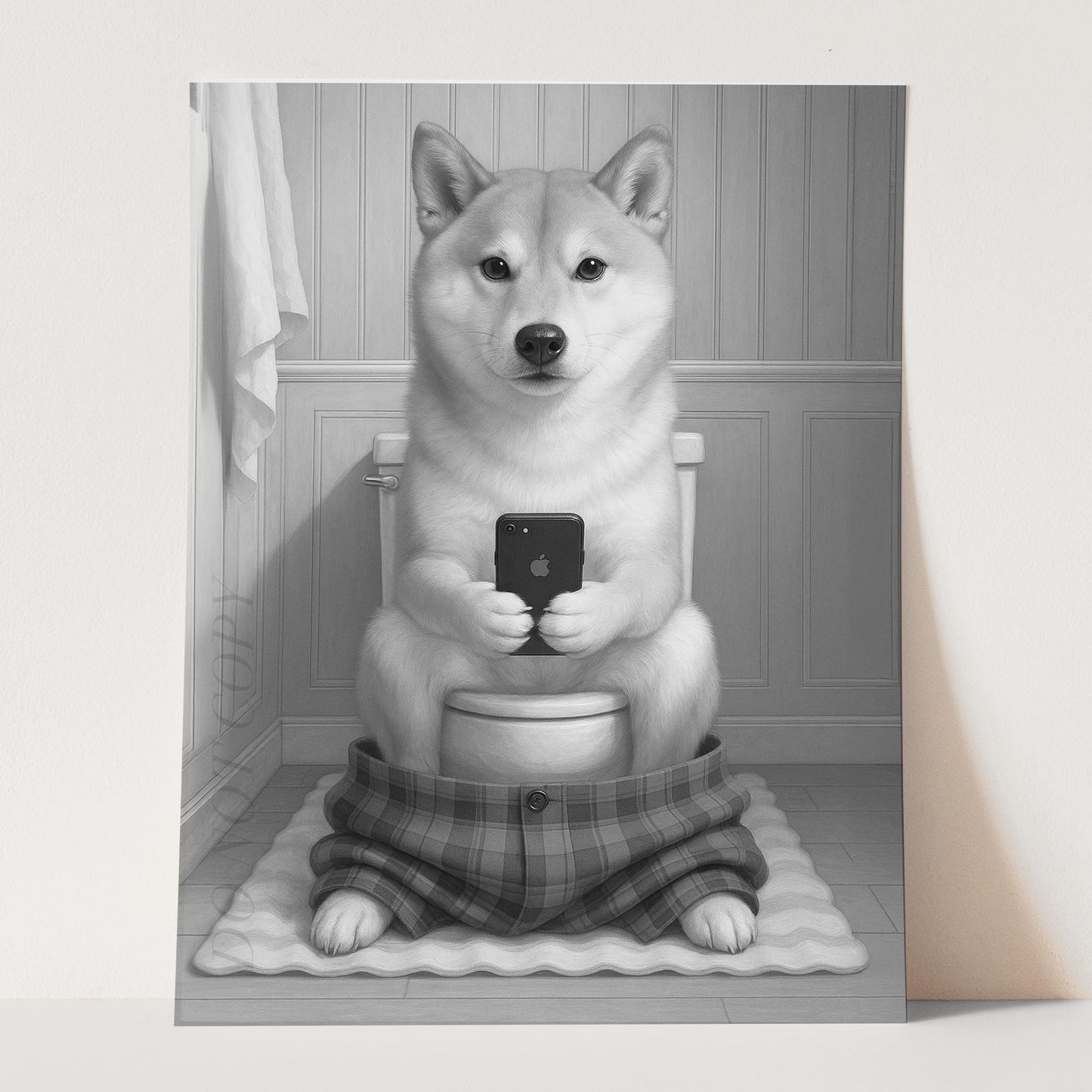 Shiba Inu Dog On The Phone On The Toilet