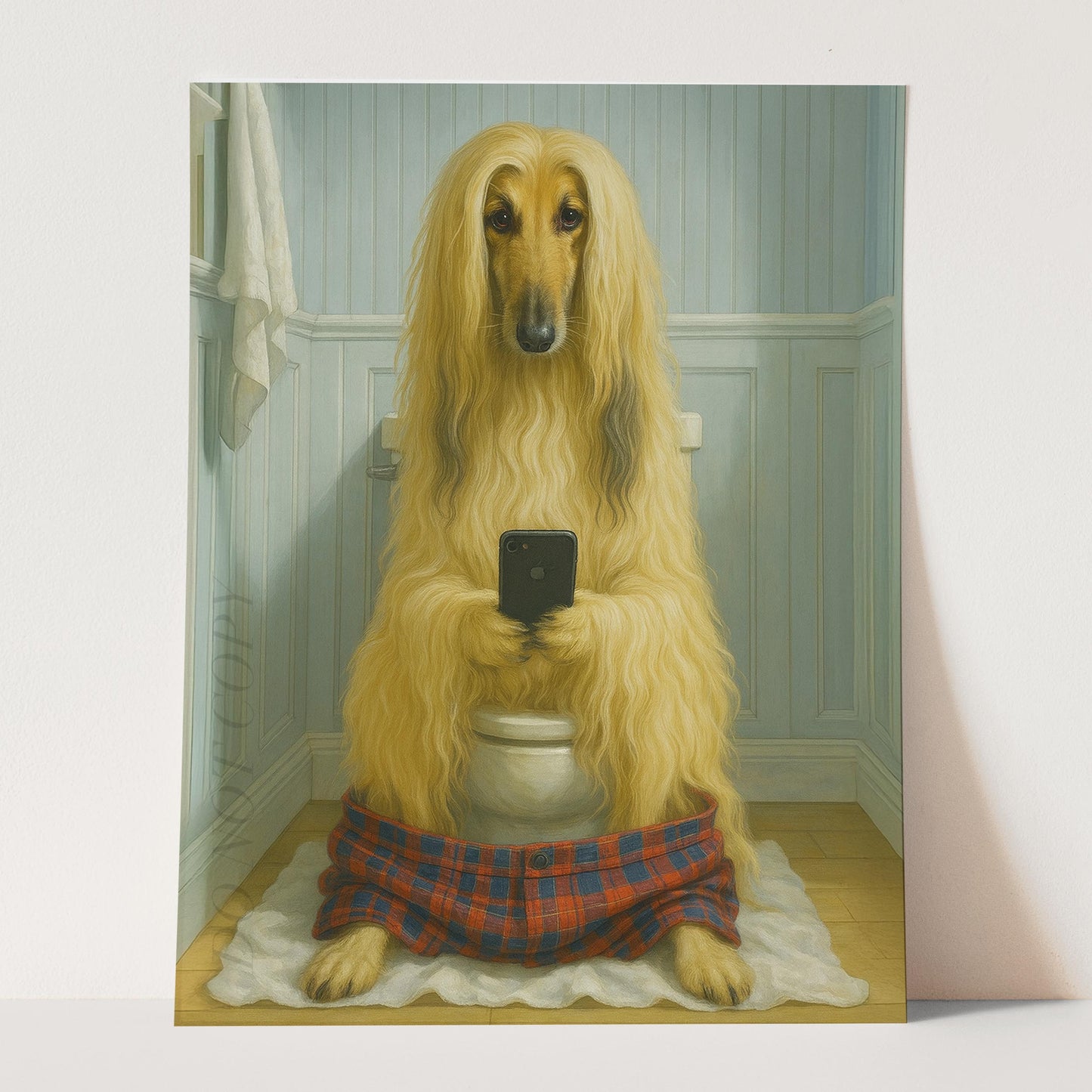 Afghan Hound Dog On The Phone On The Toilet
