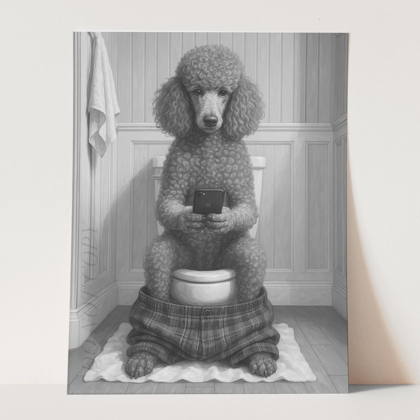 French Poodle Dog On The Phone On The Toilet