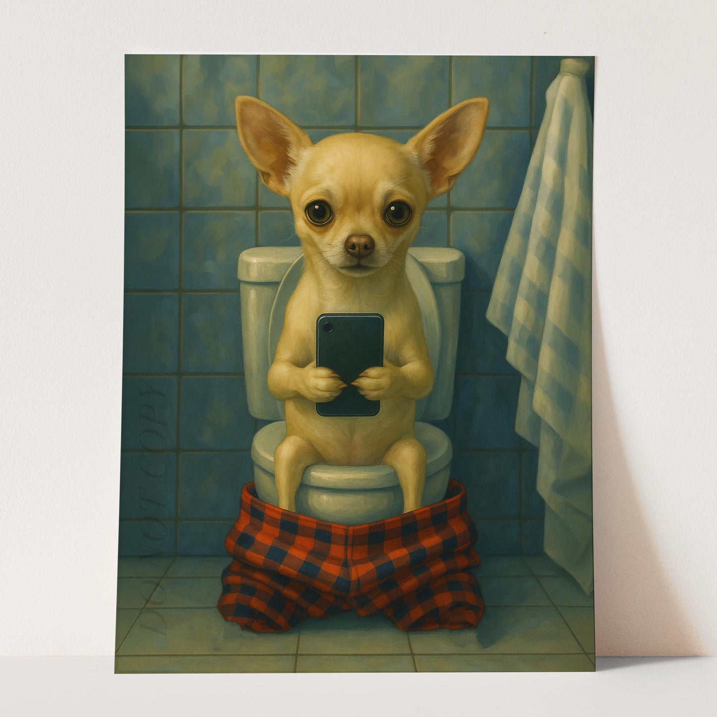 Chihuahua Dog On The Phone On The Toilet