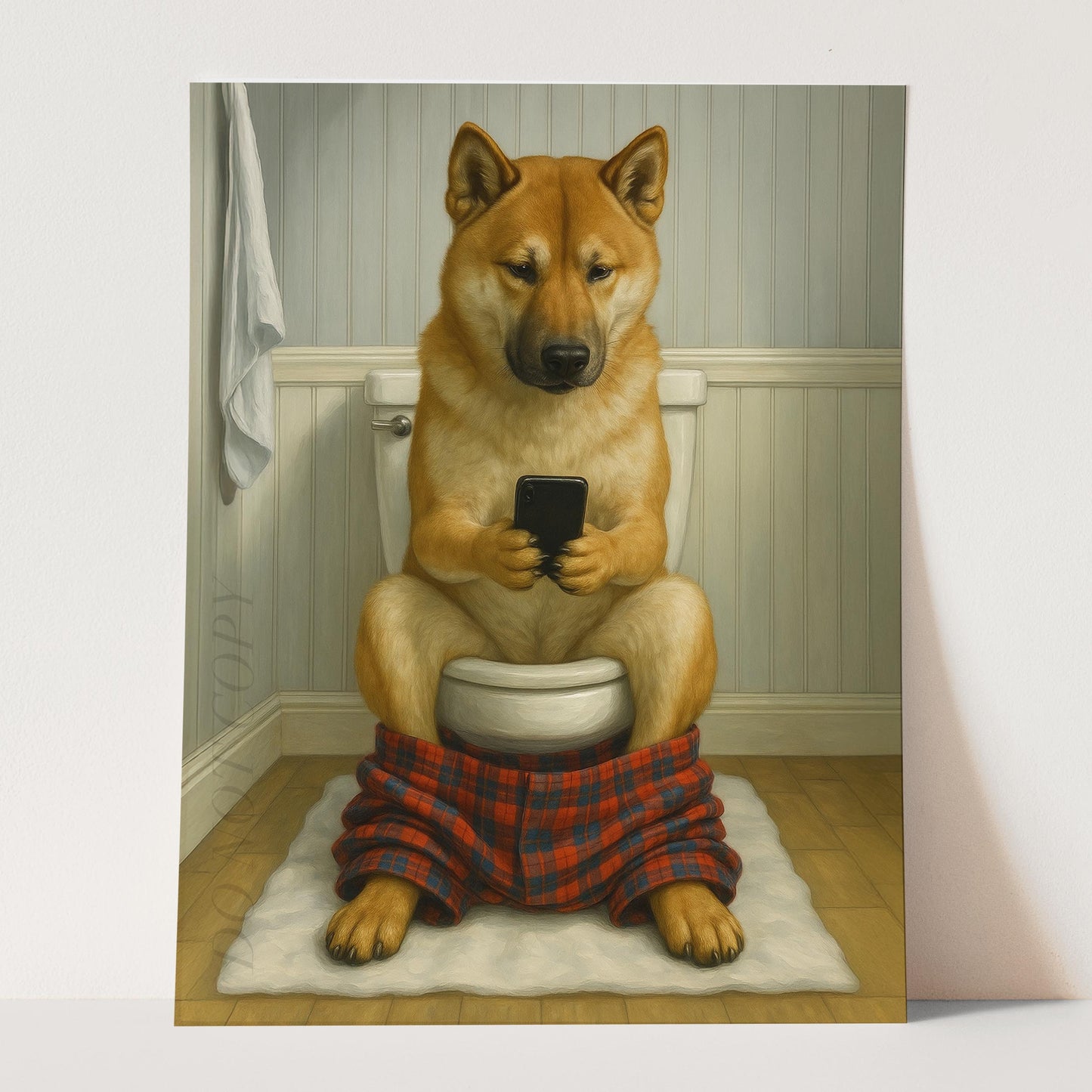 Akita Dog On The Phone On The Toilet