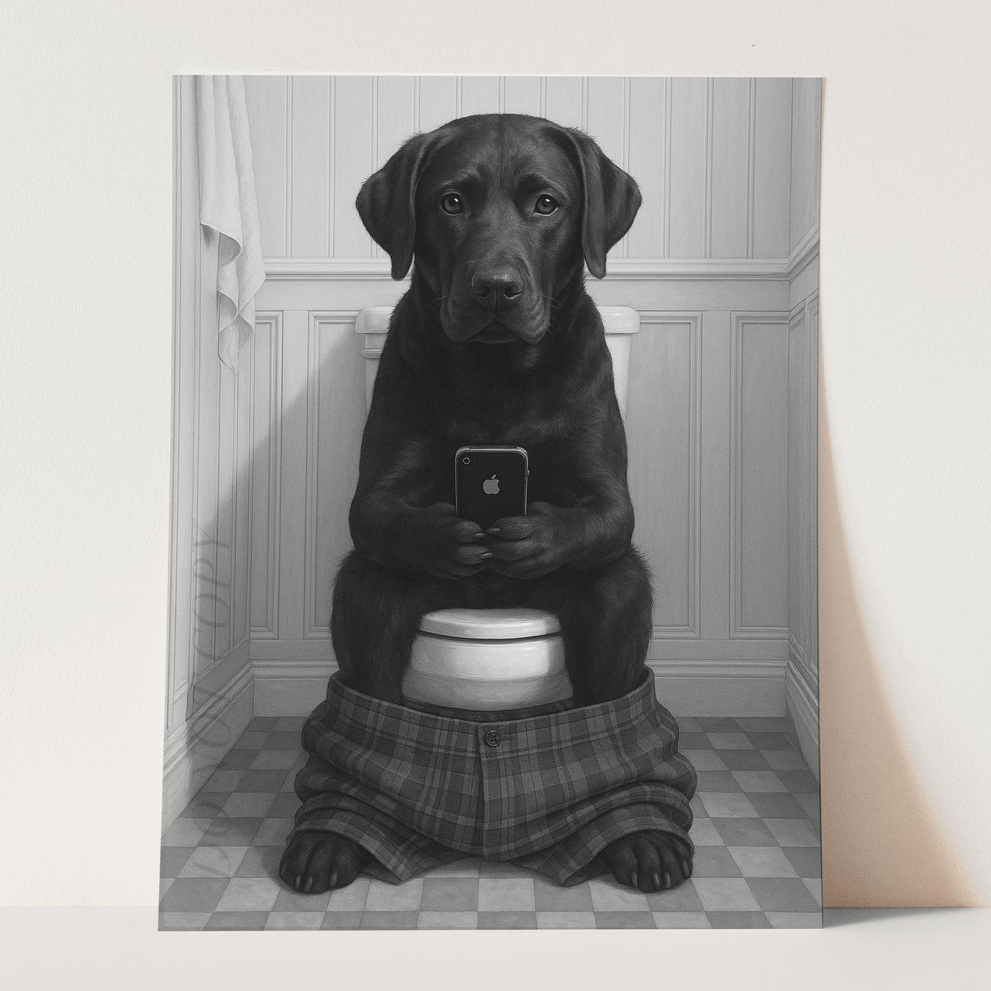 Black Labrador Retriever Dog On The Phone On The Toilet