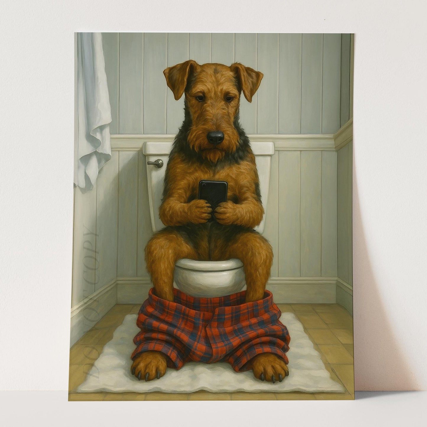 Airedale Terrier Dog On The Phone On The Toilet