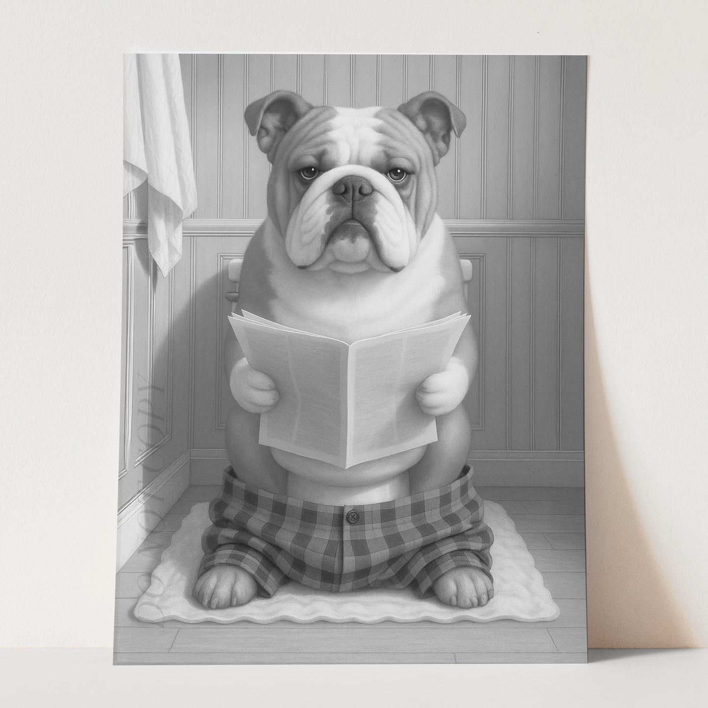 Bulldog Reading The Newspaper On The Toilet