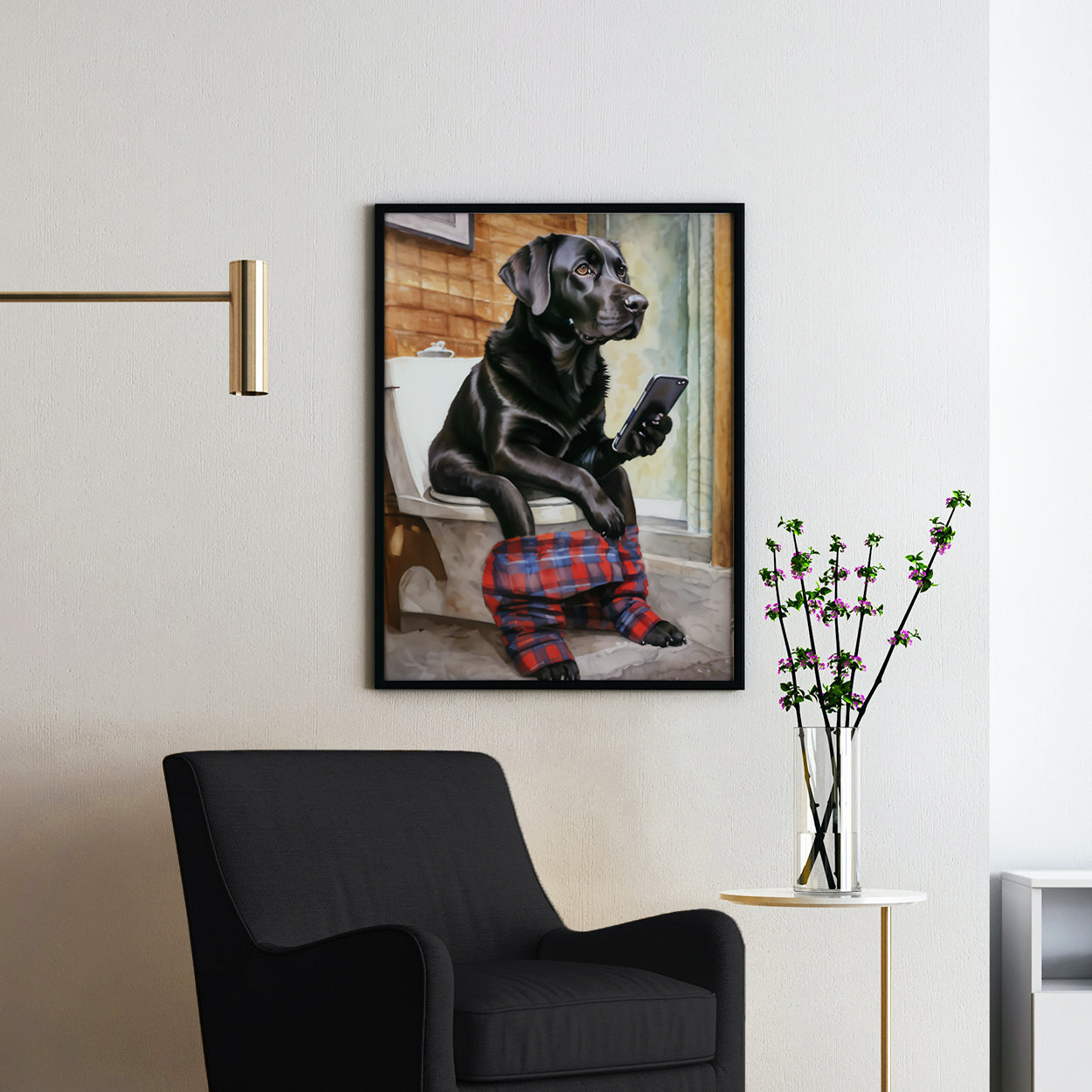Black Labrador Retriever On Phone On Toilet