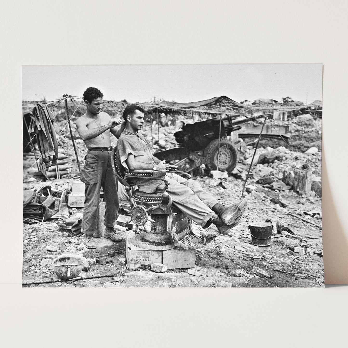 Army Soldier Getting Haircut, World War Two 1945