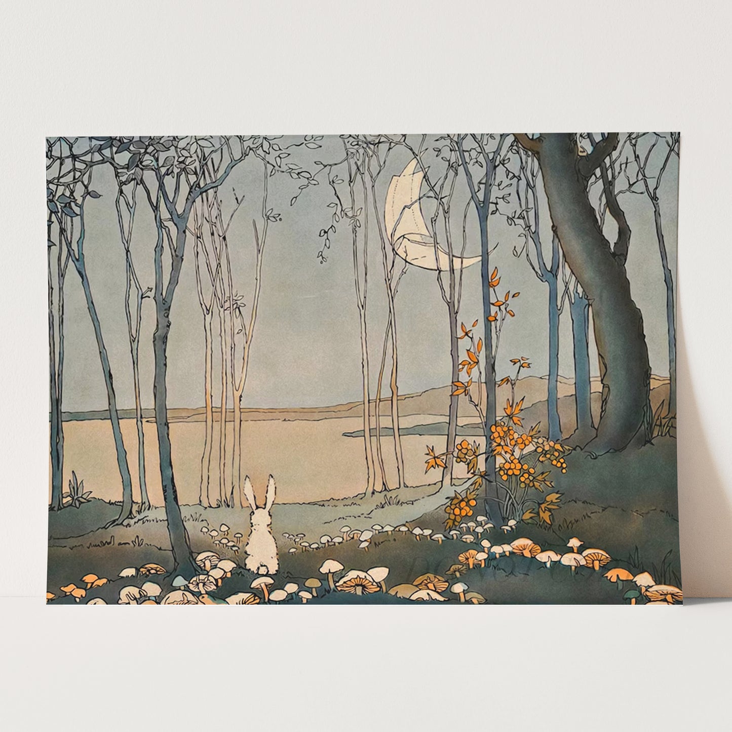 Vintage Rabbit Illustration - Mushrooms in the Moonlight