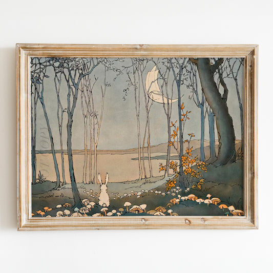 Vintage Rabbit Illustration - Mushrooms in the Moonlight