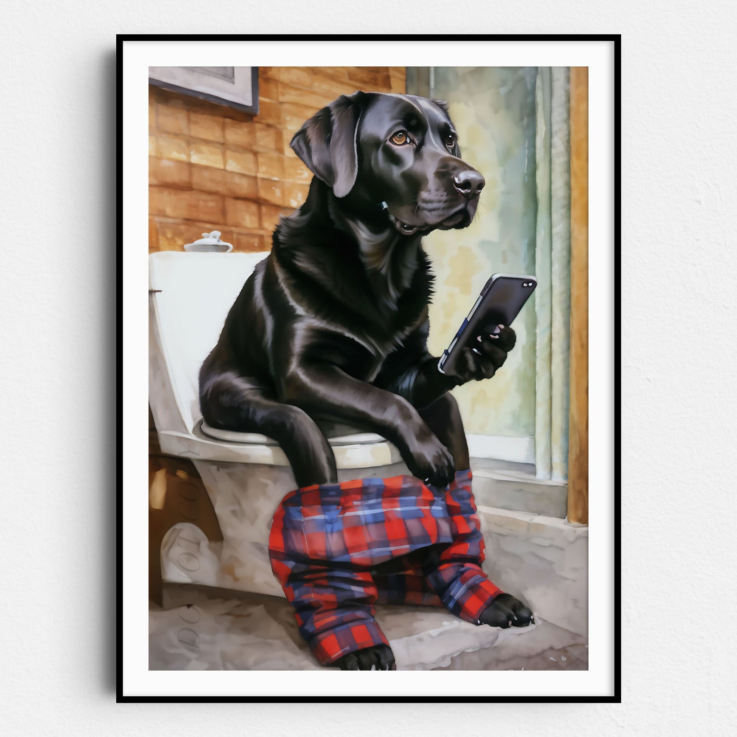 Black Labrador Retriever On Phone On Toilet