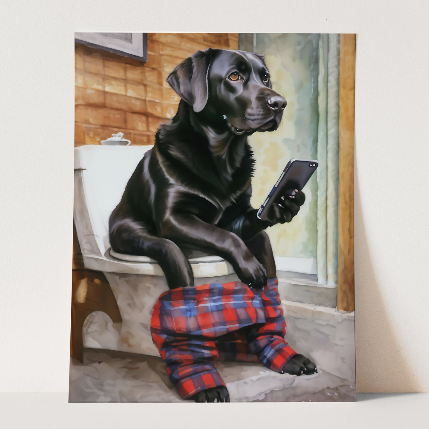 Black Labrador Retriever On Phone On Toilet