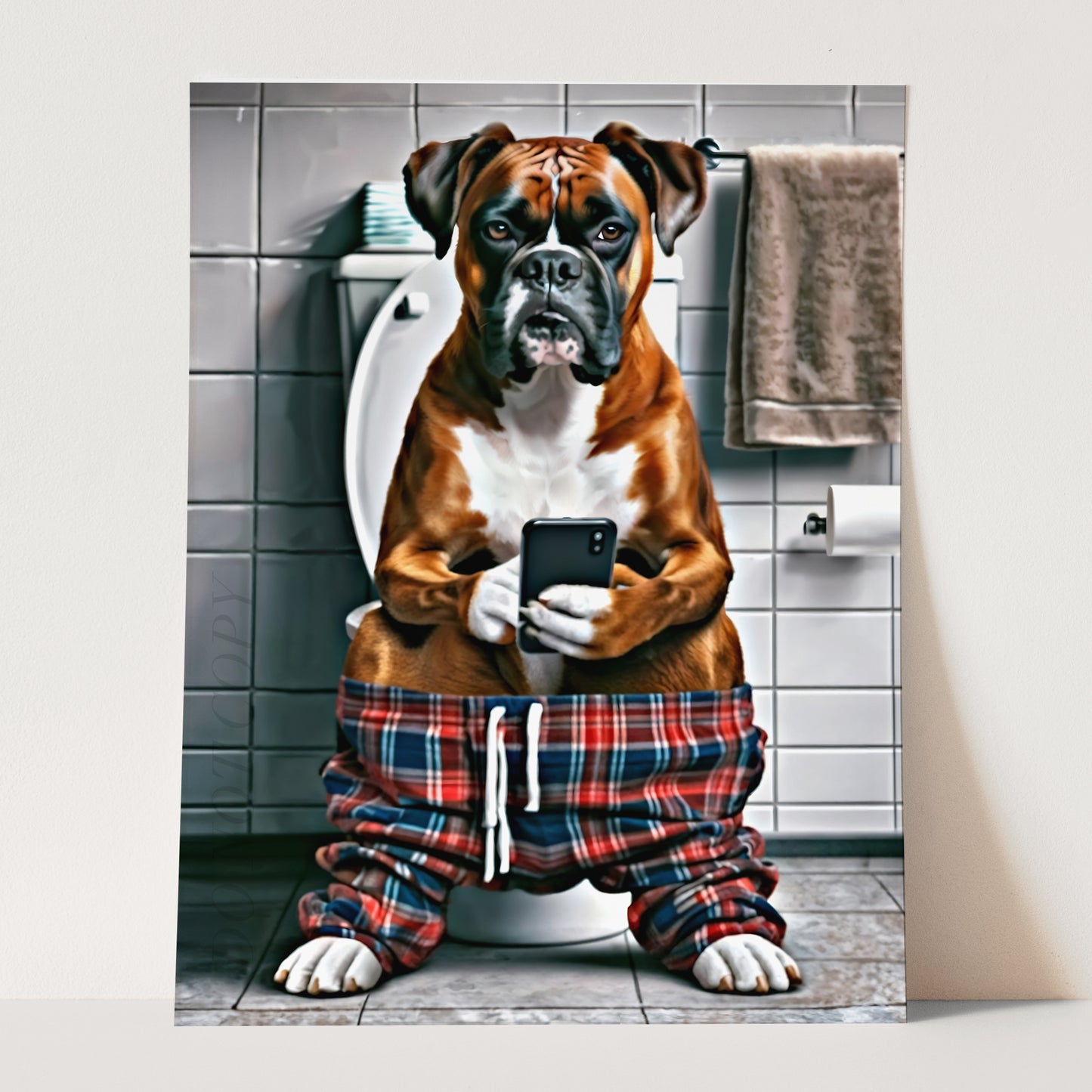 Boxer on Phone on the Toilet