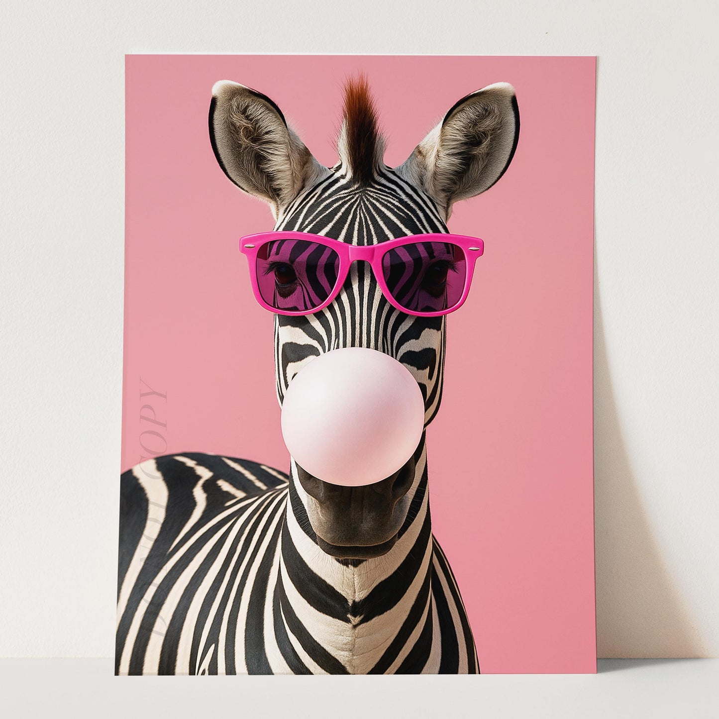 Zebra With Sunglasses Blowing Pink Bubble Gum