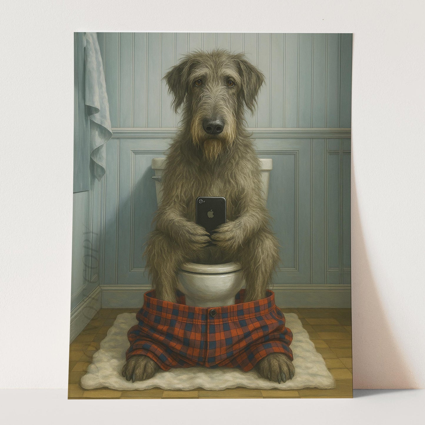 Irish Wolfhound Dog On The Phone On The Toilet