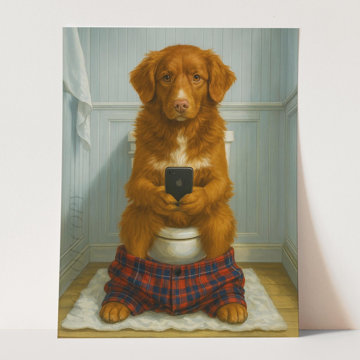 Nova Scotia Duck Tolling Retriever Dog On The Phone On The Toilet