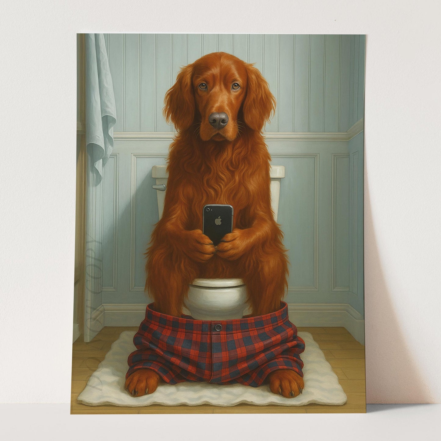 Irish Setter Dog On The Phone On The Toilet