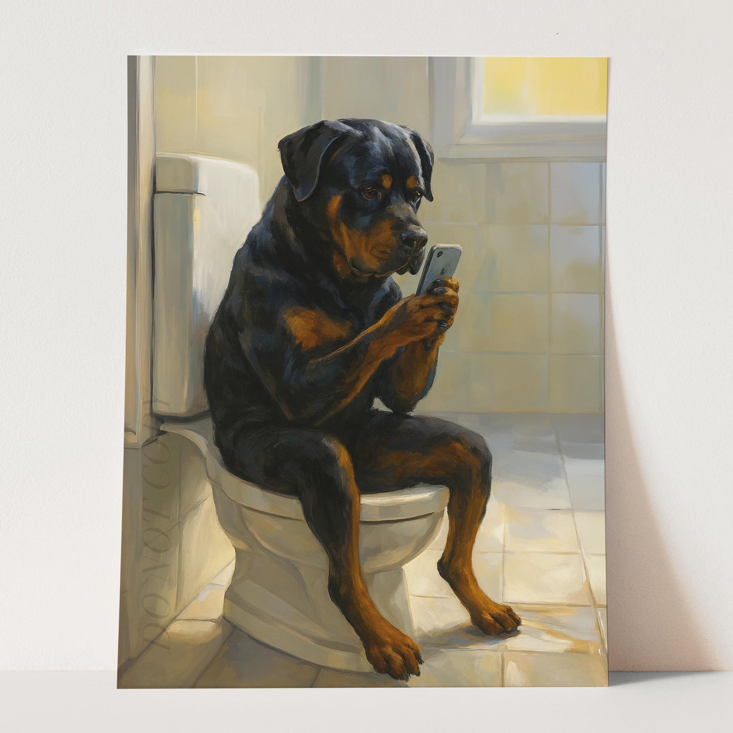Rottweiler Dog On The Phone On The Toilet