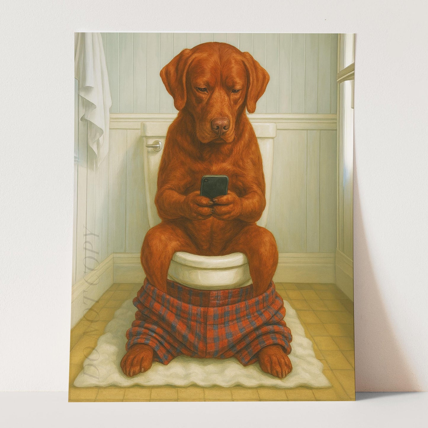 Red Labrador Retriever Dog On The Phone On The Toilet