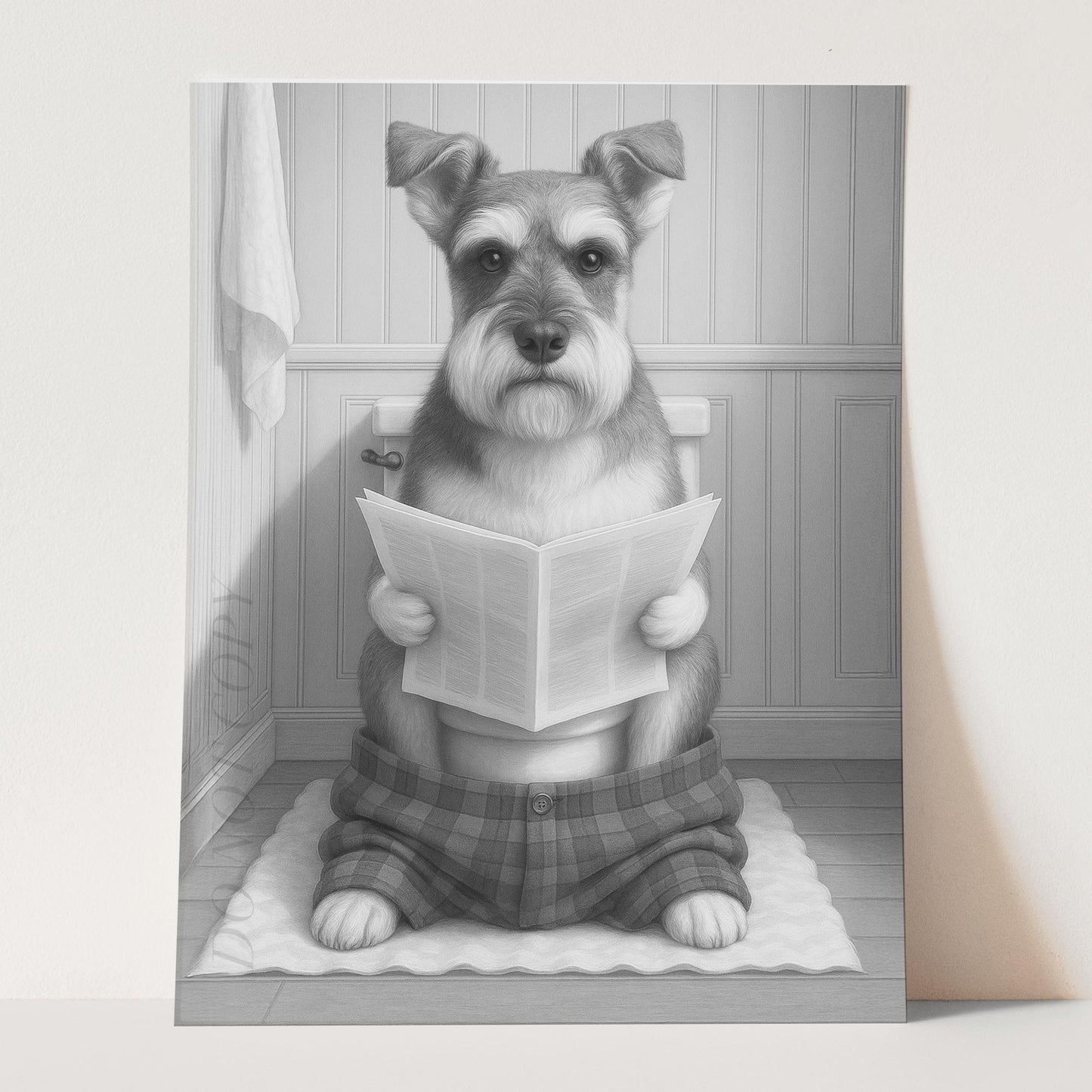 Schnauzer Dog Reading The Newspaper On The Toilet