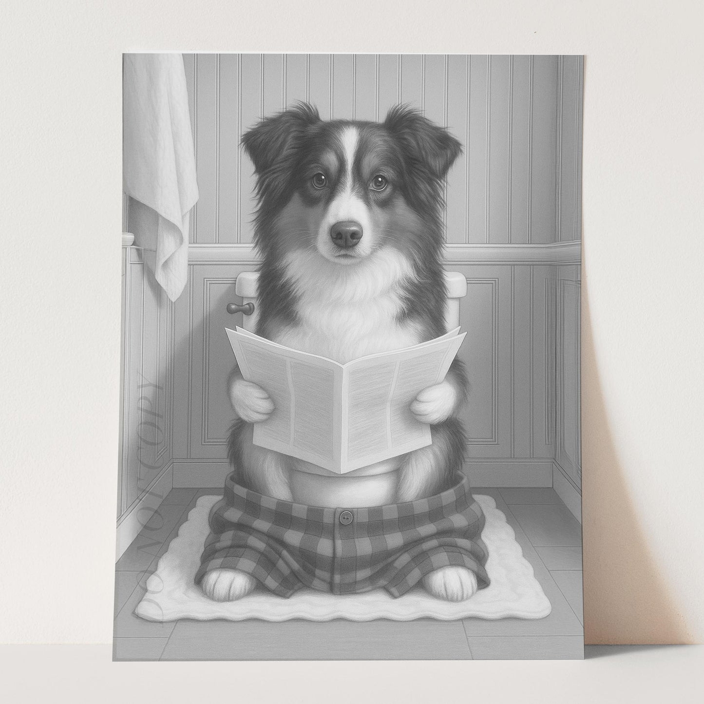 Miniature American Shepherd Dog Reading The Newspaper On The Toilet