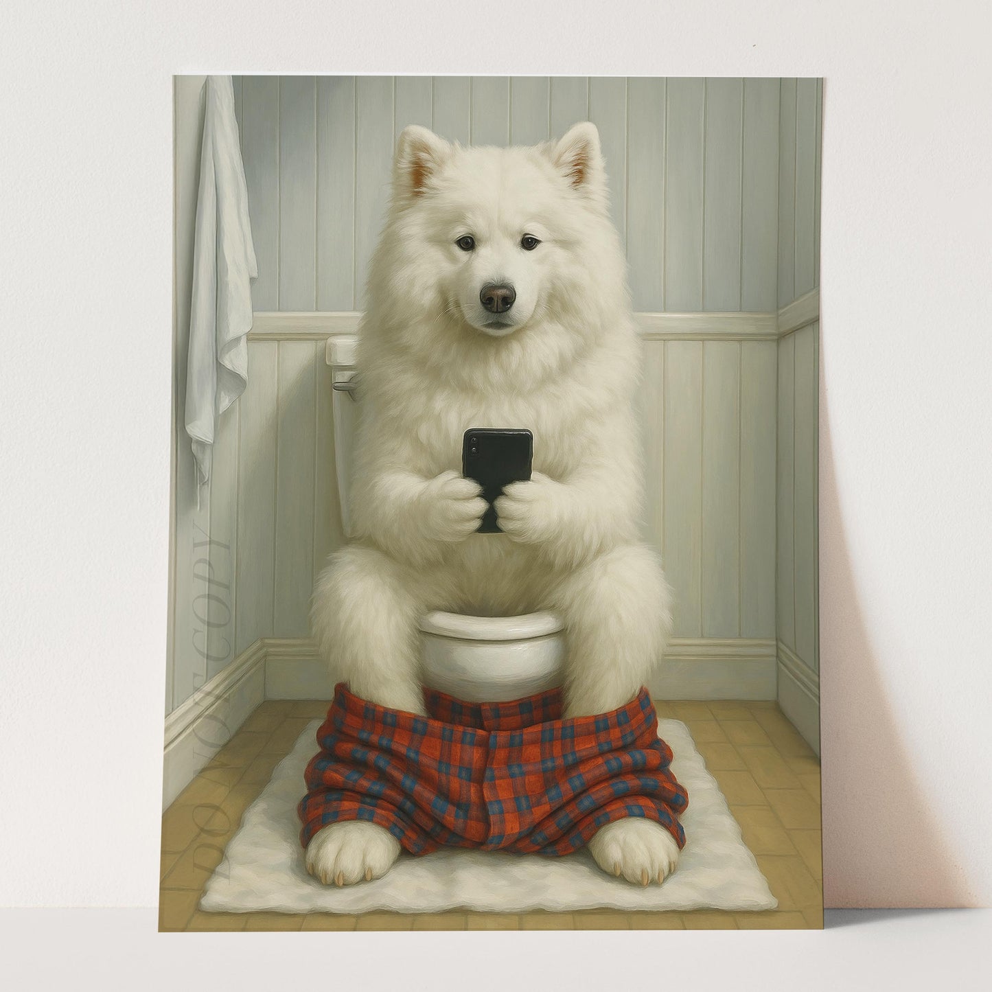 Samoyed Dog On The Phone On The Toilet