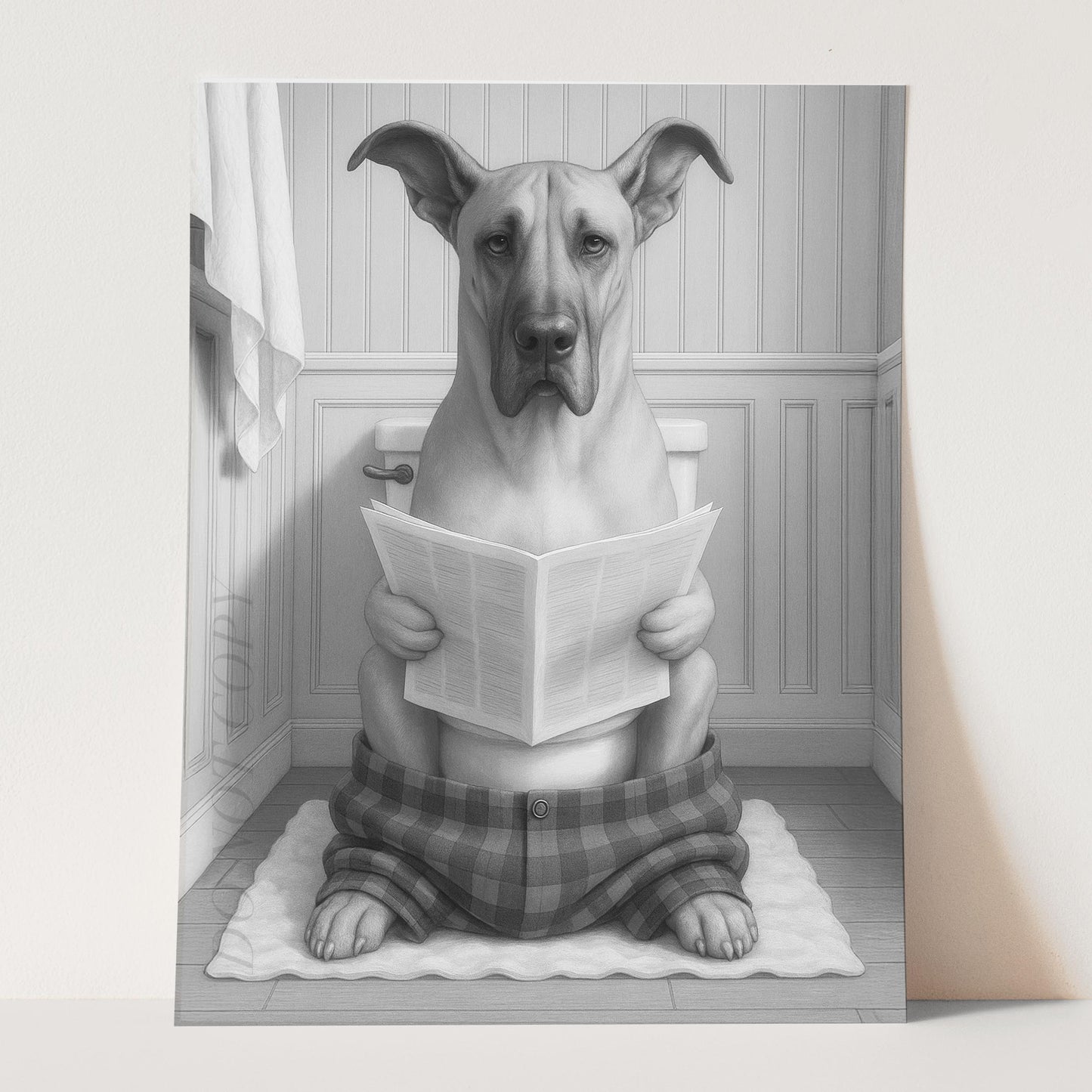 Great Dane Dog Reading The Newspaper On The Toilet