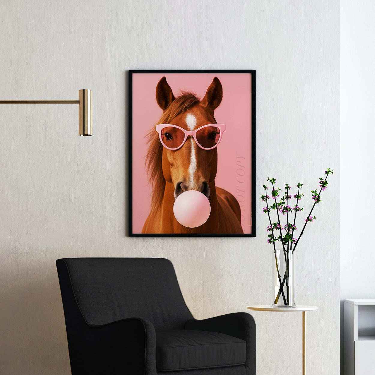 Horse with Sunglasses Blowing Pink Bubble Gum