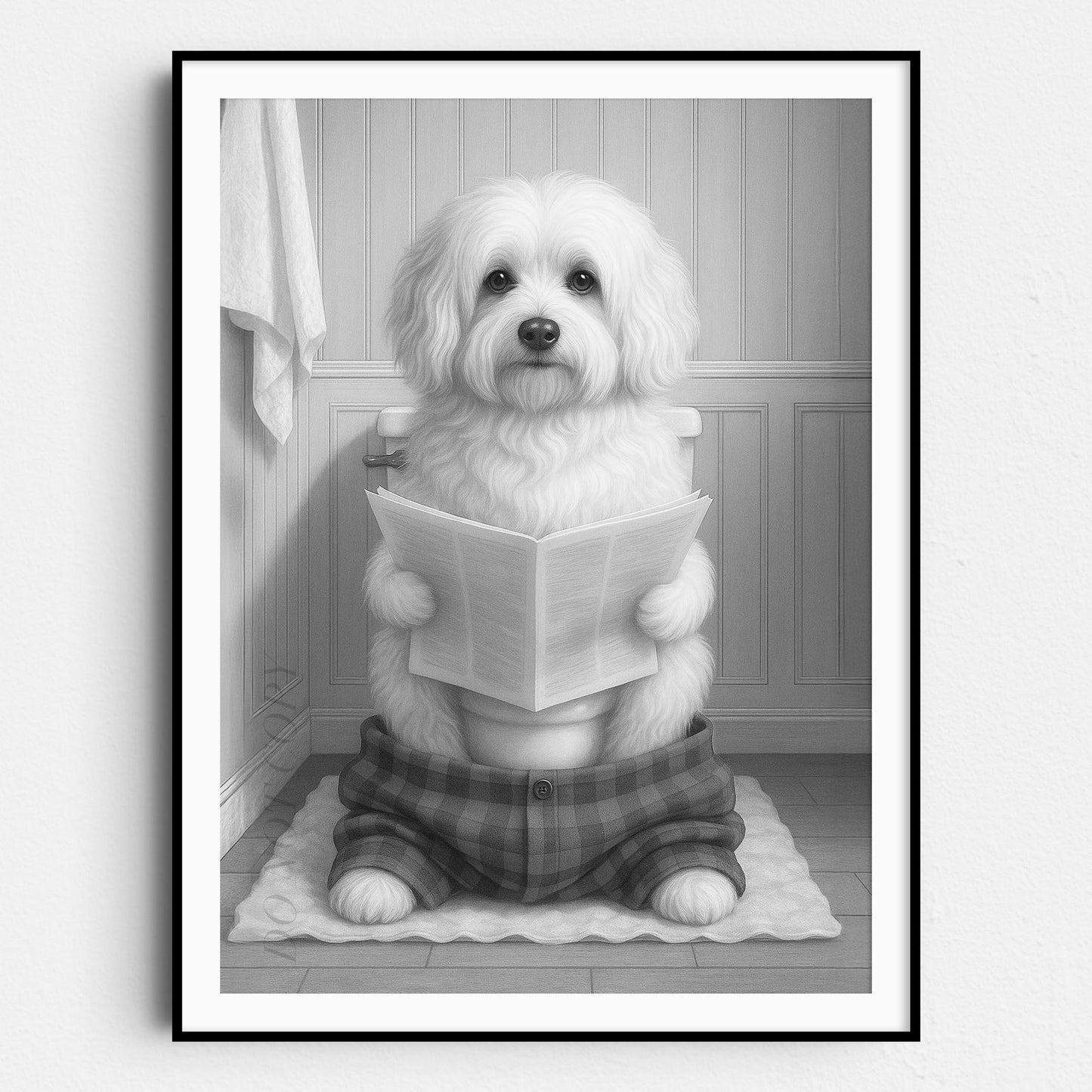 Havanese Dog Reading The Newspaper On The Toilet