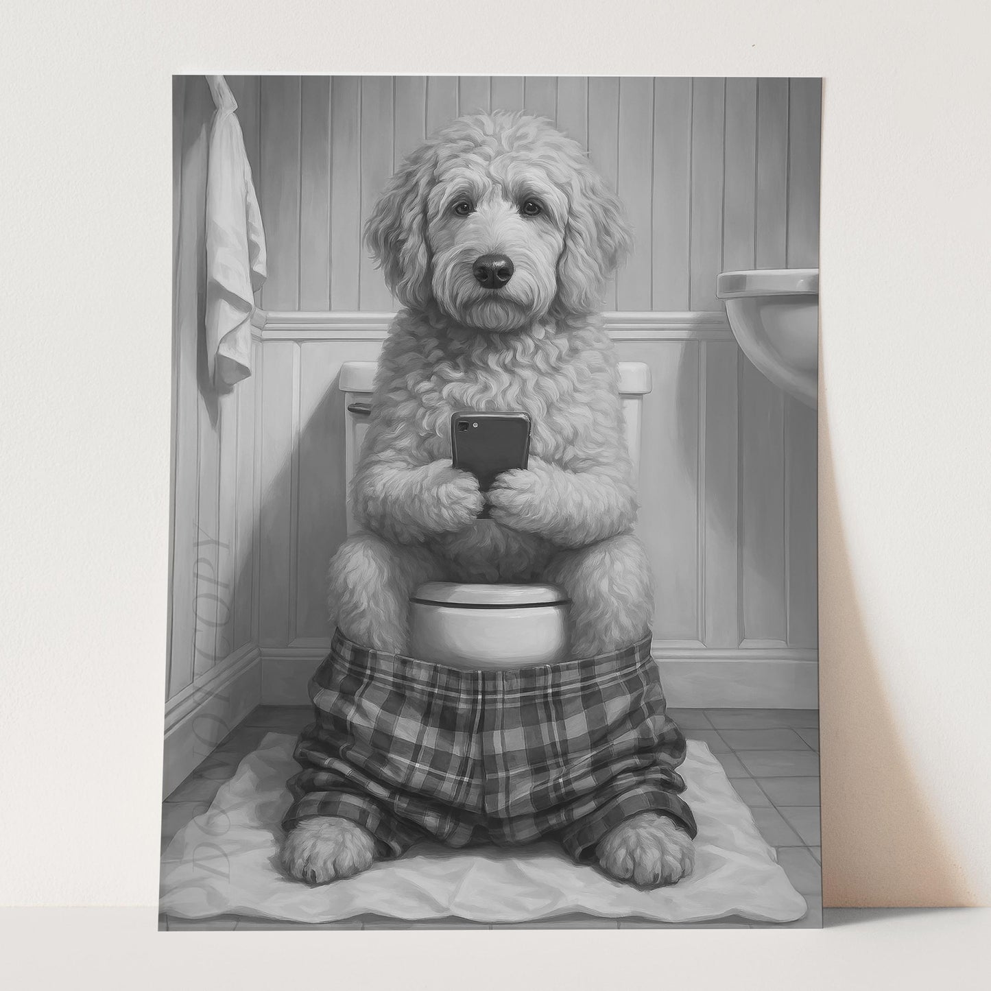 Golden Doodle Dog On The Phone On The Toilet