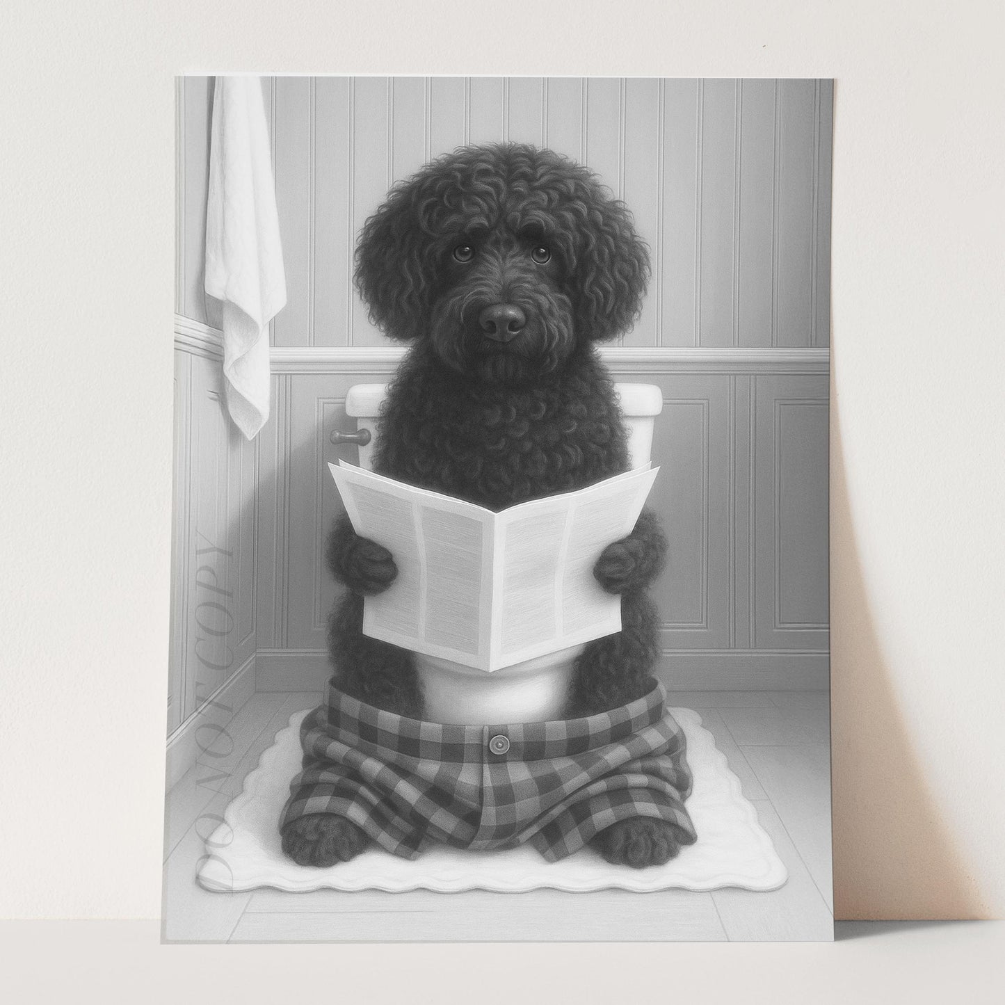 Portuguese Water Dog Reading The Newspaper On The Toilet