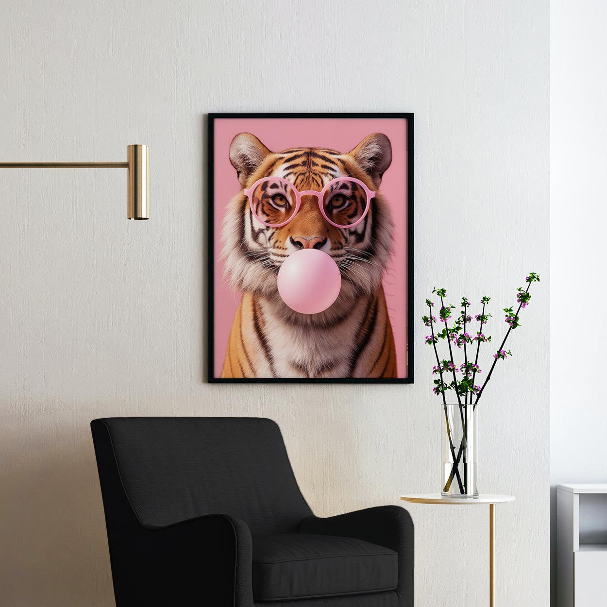 Tiger With Sunglasses Blowing Pink Bubble Gum
