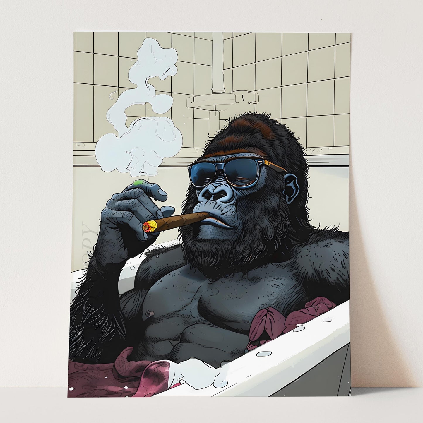 Gorilla In The Bathtub Smoking His Cigar