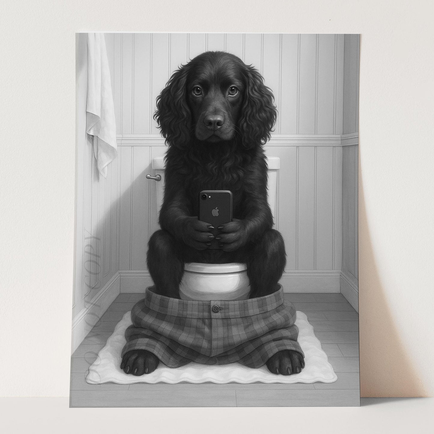Boykin Spaniel Dog On The Phone On The Toilet