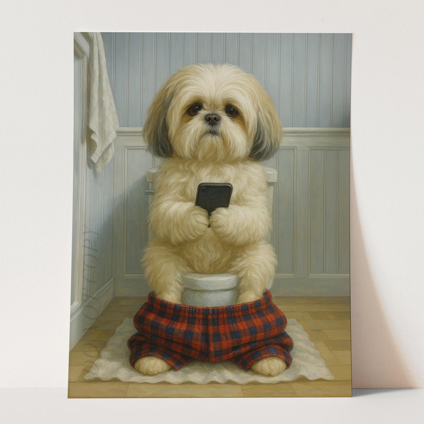 Shih Tzu Dog On The Phone On The Toilet
