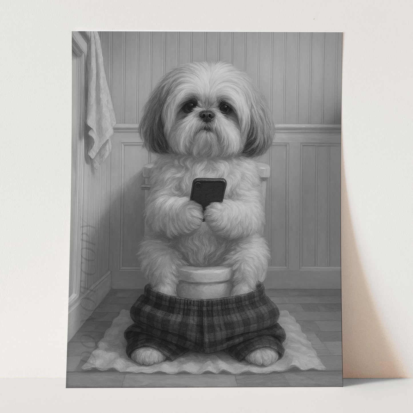 Shih Tzu Dog On The Phone On The Toilet